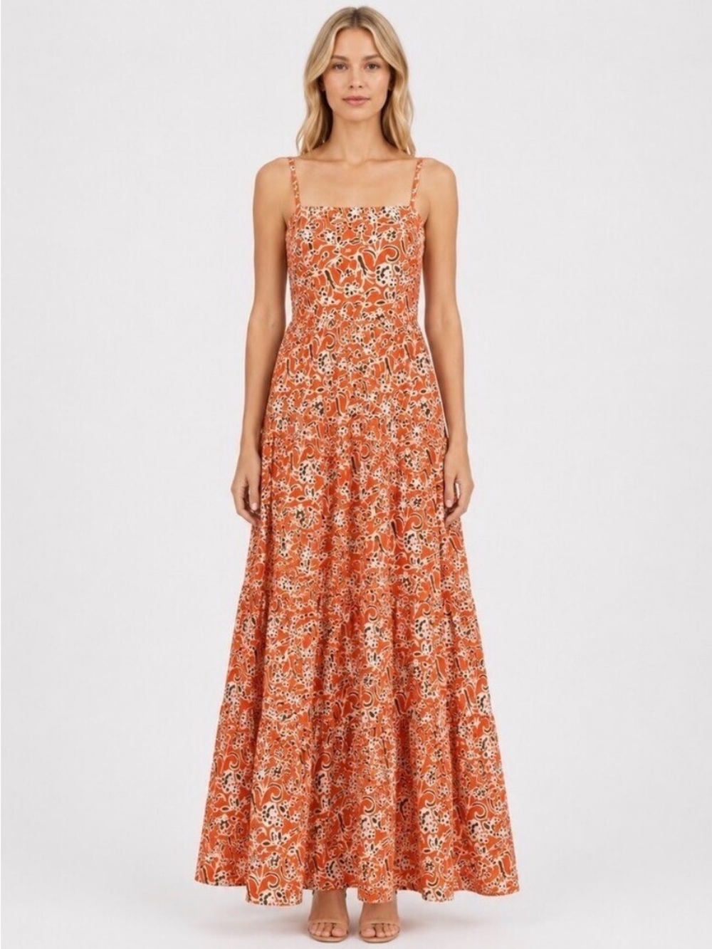 NWT ME+EM Orange Floral Tiered Maxi Dress with Spaghetti Straps